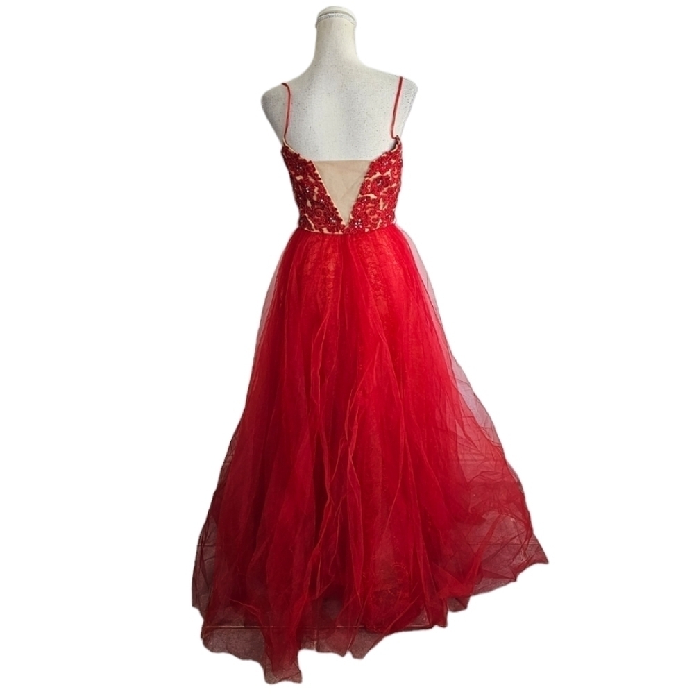 Sherri Hill Red & Nude Tulle Lace Maxi Dress - Picture 5 of 16